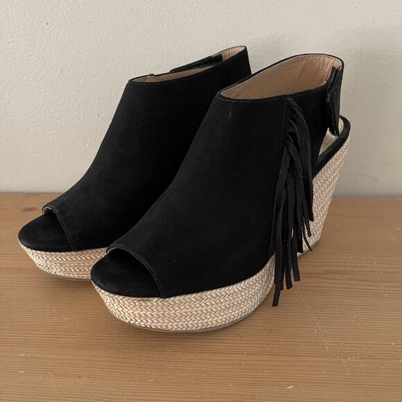 Report Boho Wedge Sandals Womens 9 Utility Espadrilles Black Suede Fringe Shoes - Picture 12 of 12